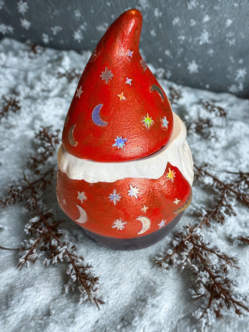 Hand Painted Gnome Planter |  Red Hat Celestial Gnome Container | Candy Jar | Office Desk Accessory | Handmade Holiday Gnome Decor