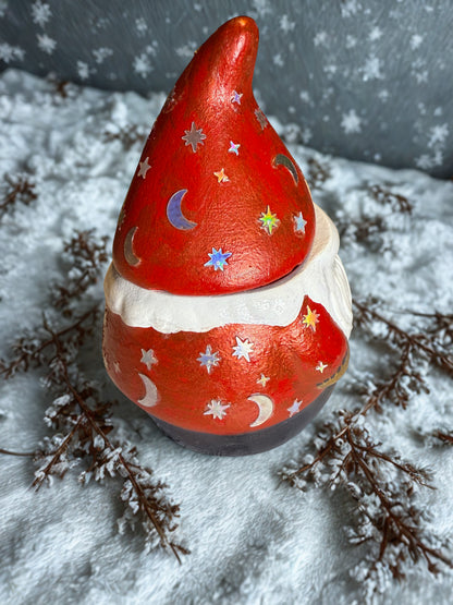 Hand Painted Gnome Planter |  Red Hat Celestial Gnome Container | Candy Jar | Office Desk Accessory | Handmade Holiday Gnome Decor