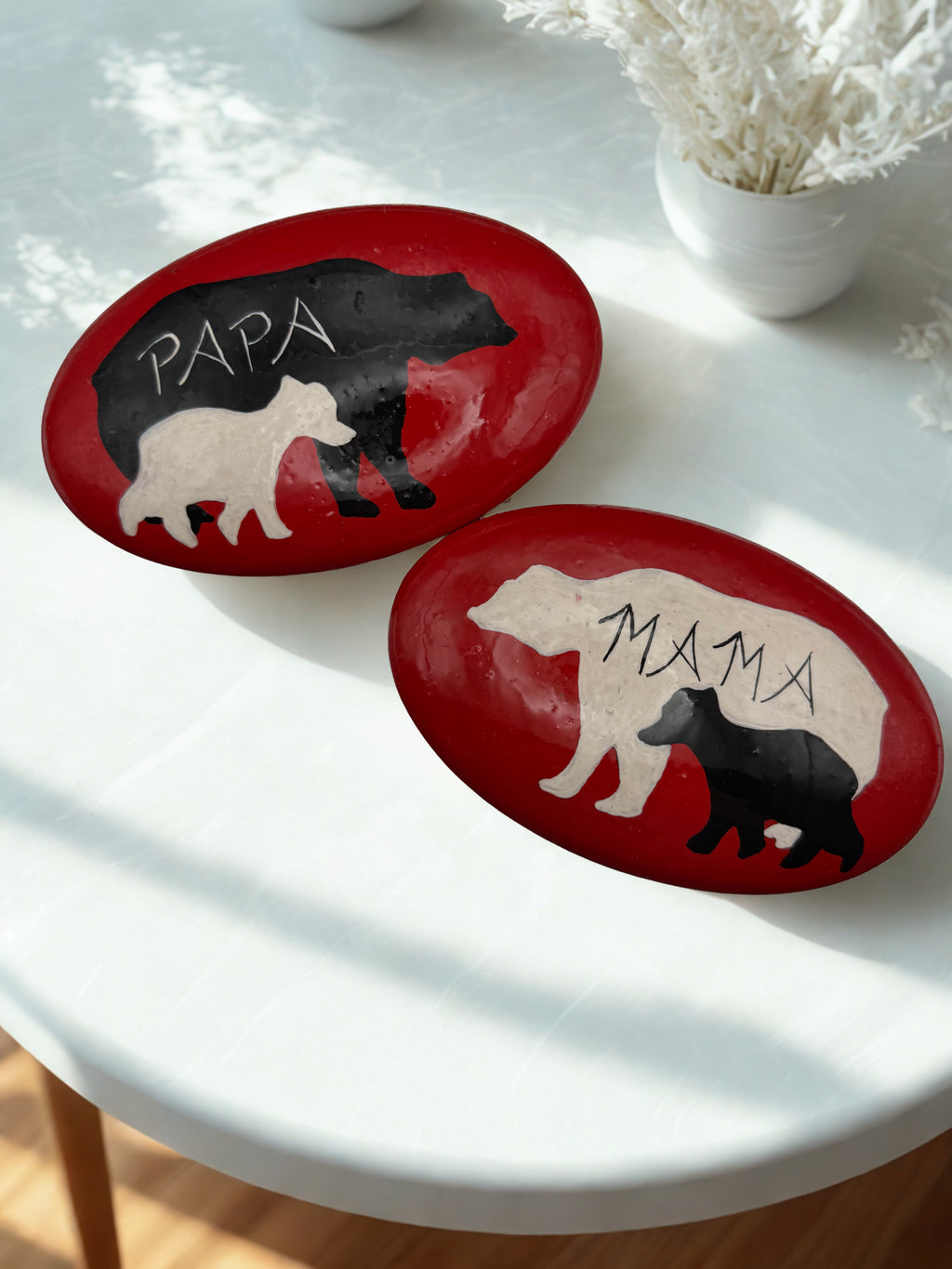 Hand-Painted Cement Bear Family Stones – “Mama” & “Papa” Set