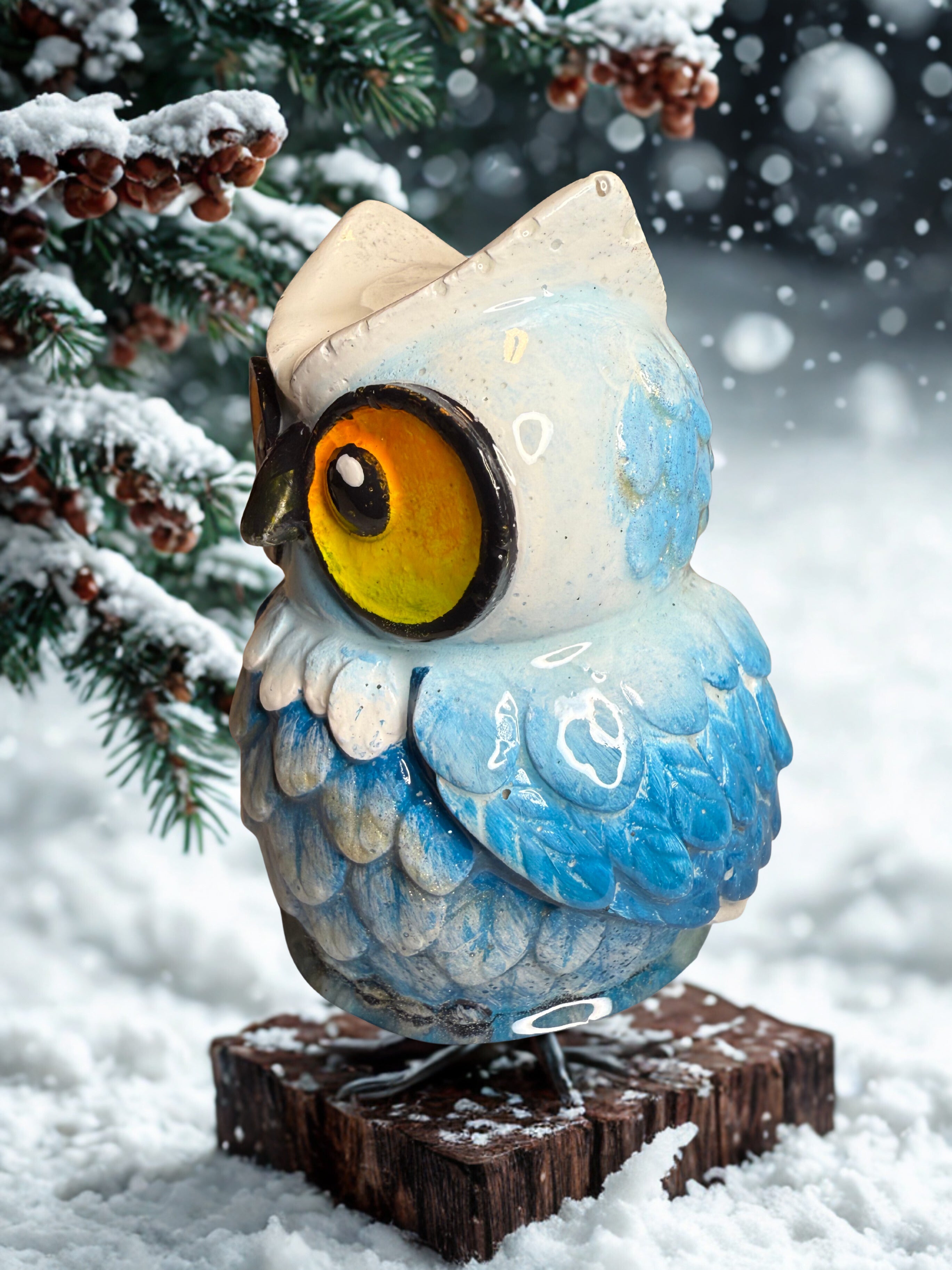 Whimsical Winter Owl Decor | Handcrafted Cement Bird | Owl Lover Gift | Festive Stocking Stuffer Gift