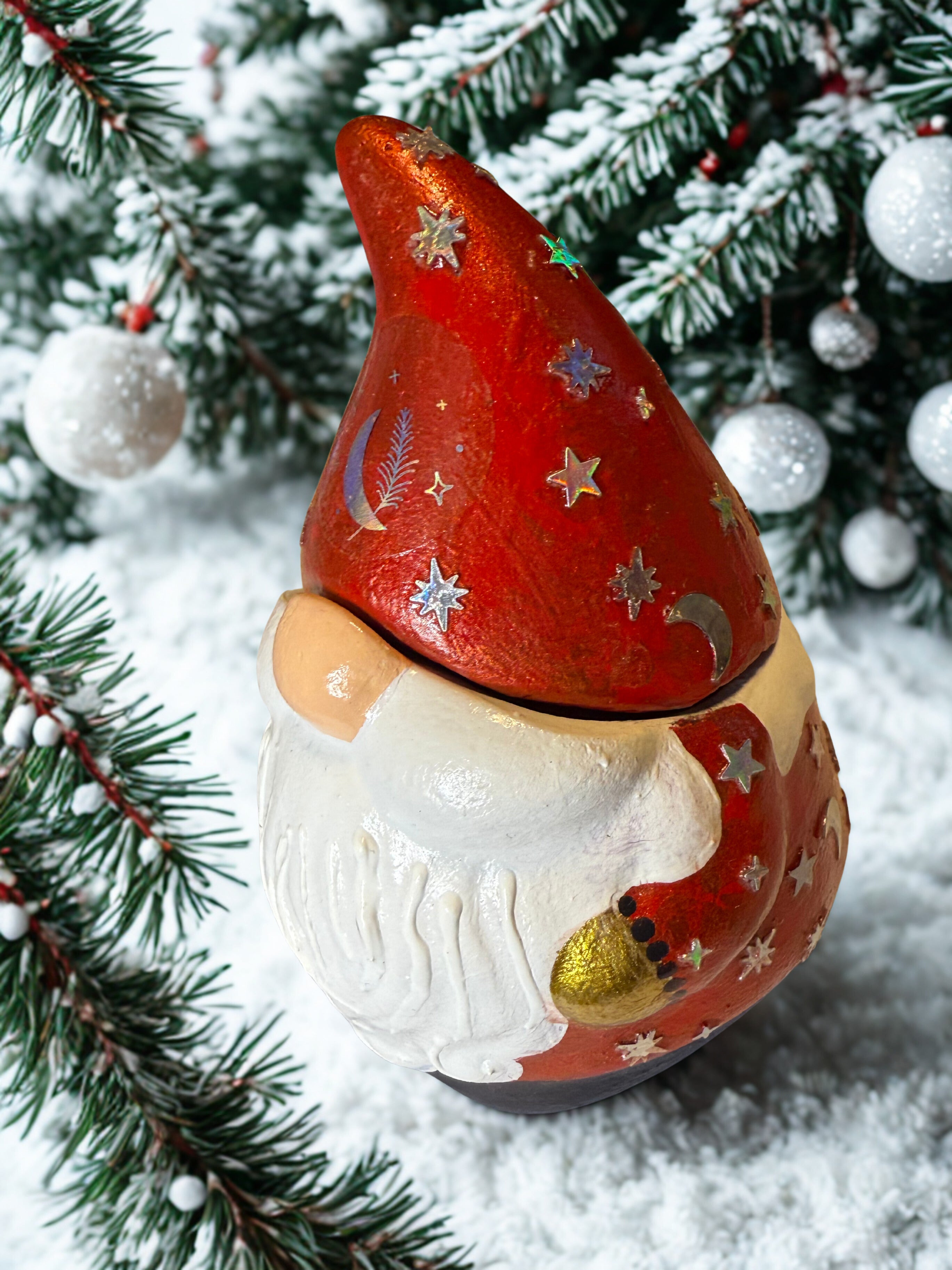 Hand Painted Gnome Planter |  Red Hat Celestial Gnome Container | Candy Jar | Office Desk Accessory | Handmade Holiday Gnome Decor