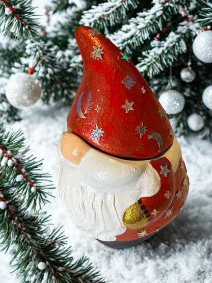Hand Painted Gnome Planter |  Red Hat Celestial Gnome Container | Candy Jar | Office Desk Accessory | Handmade Holiday Gnome Decor