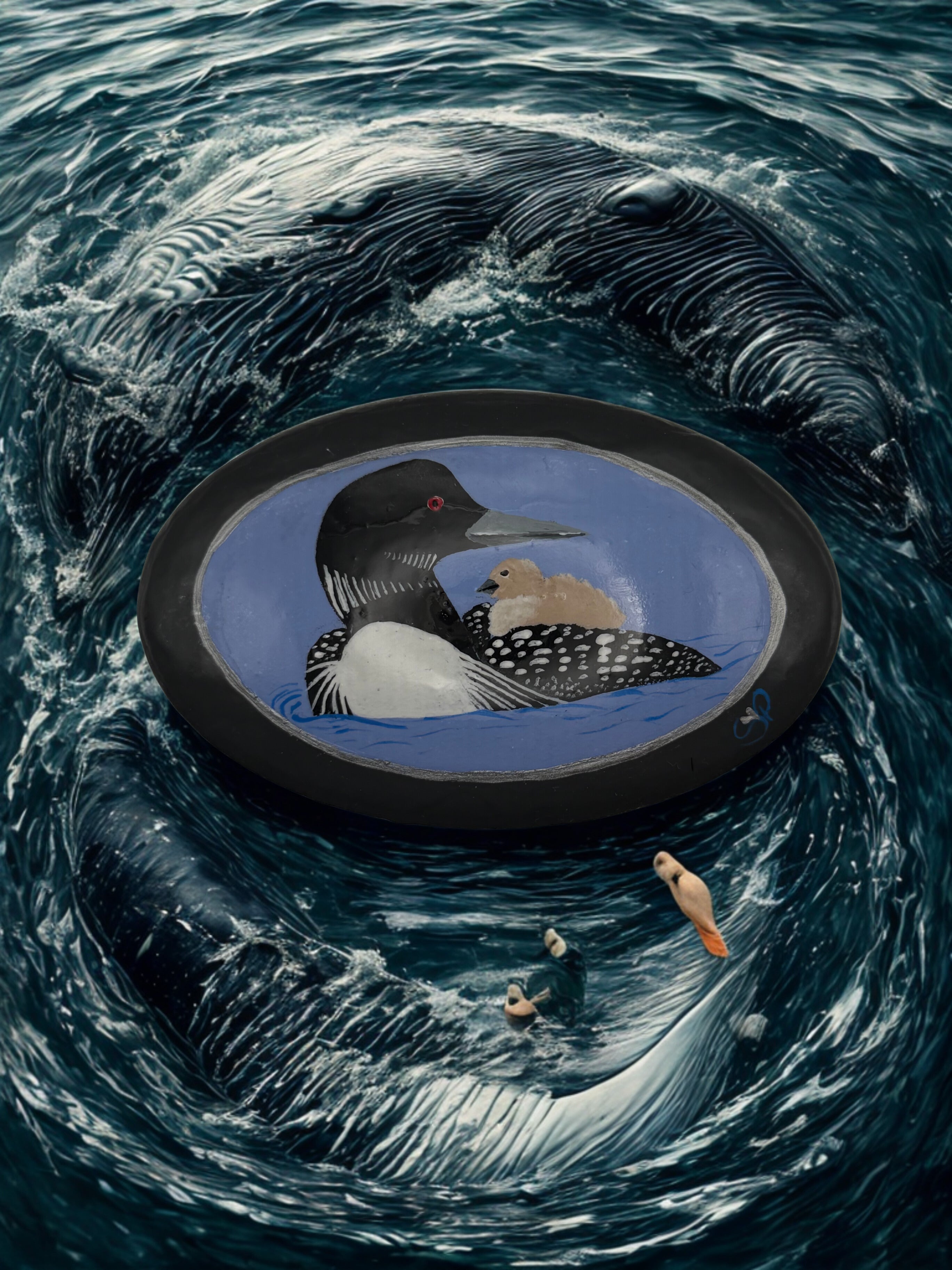 Hand-Painted Loon and Chick Cement Stone – Wildlife Lake Art Décor