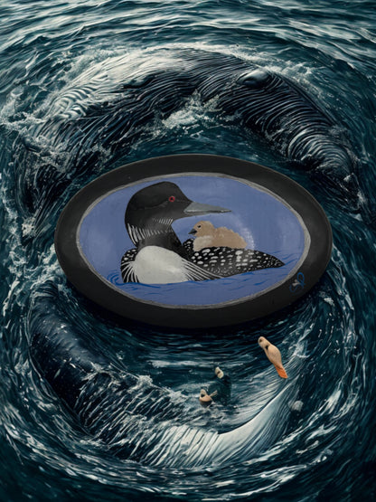 Hand-Painted Loon and Chick Cement Stone – Wildlife Lake Art Décor