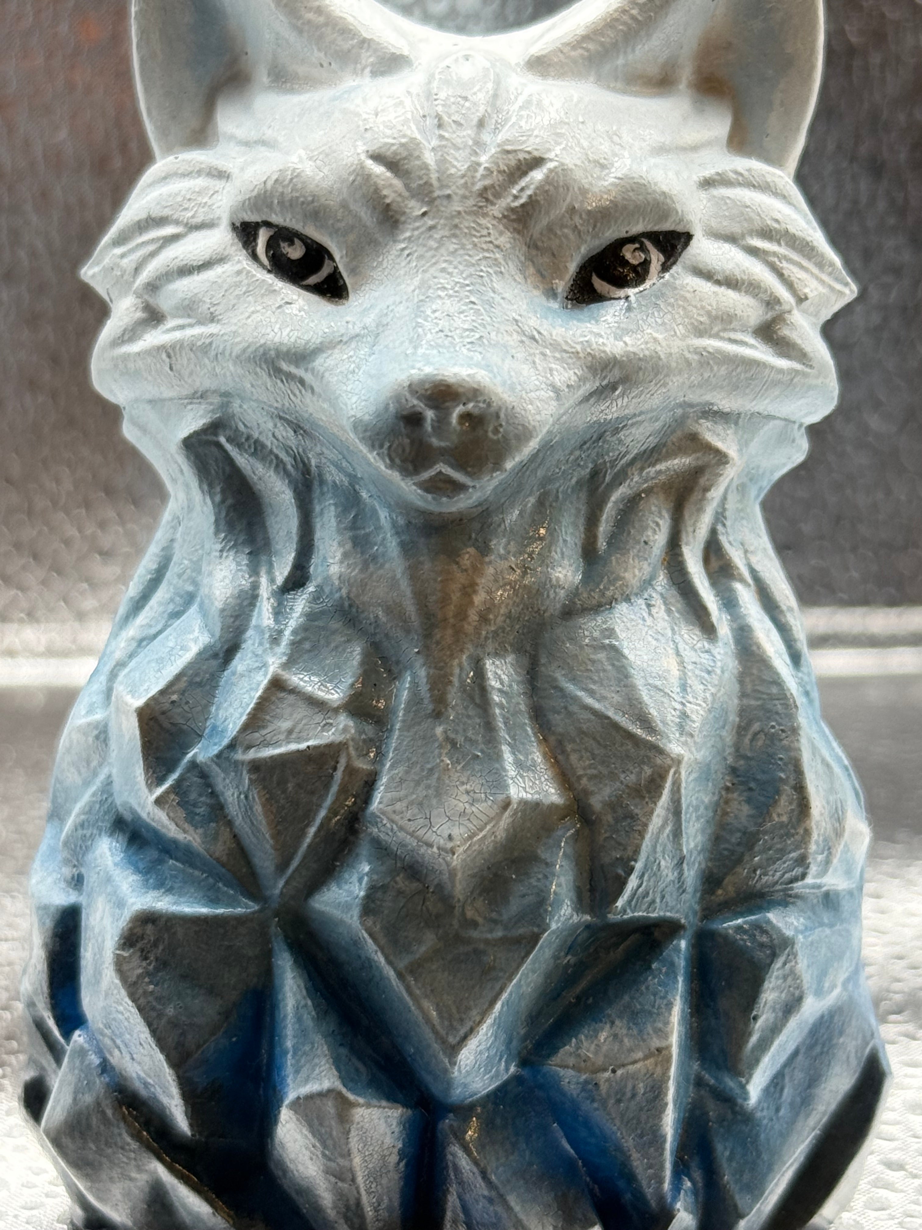 Mystical Wolf Figurine | Hand-Painted Cement Statue | Winter Blue Wolf Art | Rustic Animal Decor