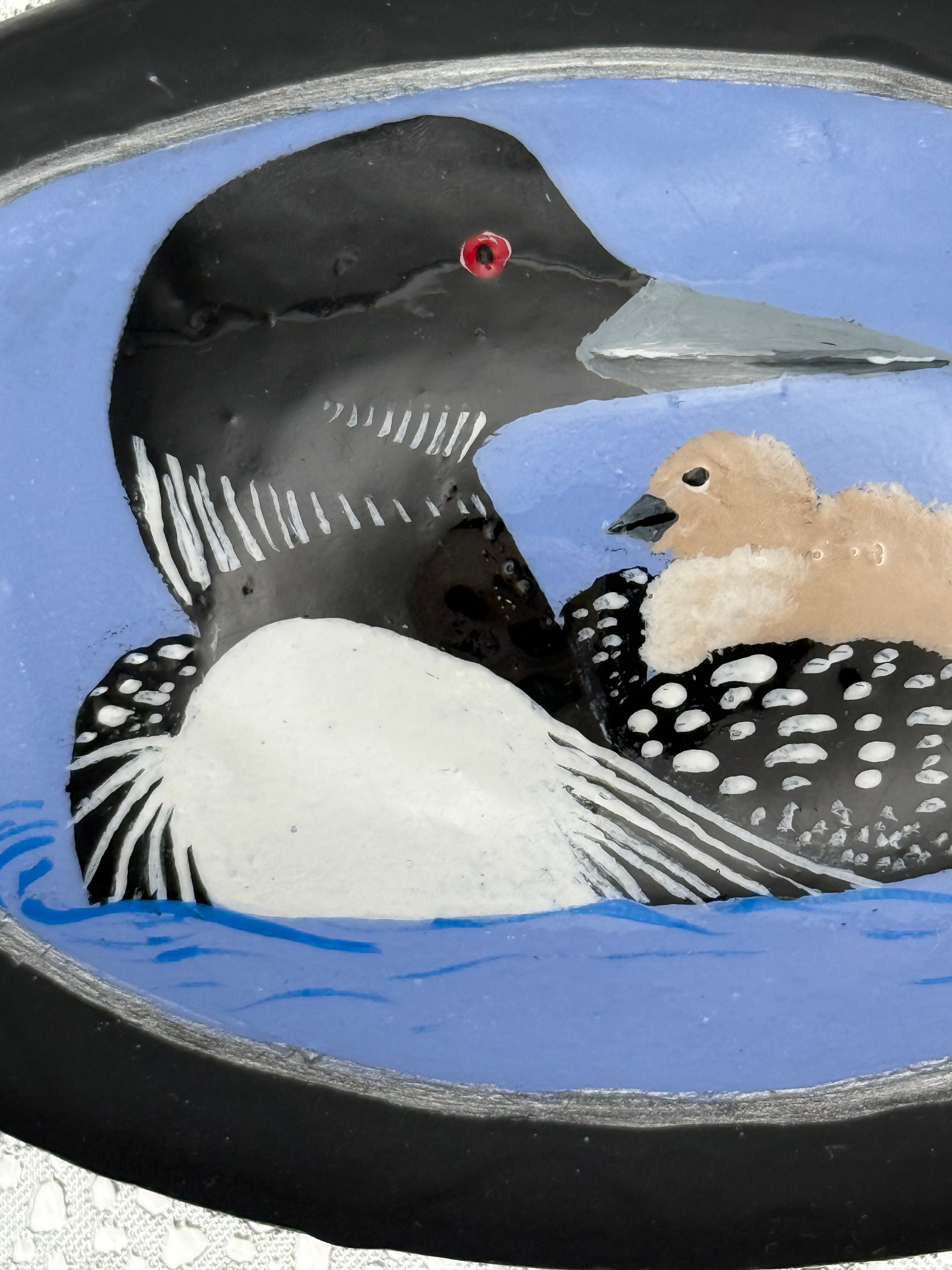 Hand-Painted Loon and Chick Cement Stone – Wildlife Lake Art Décor