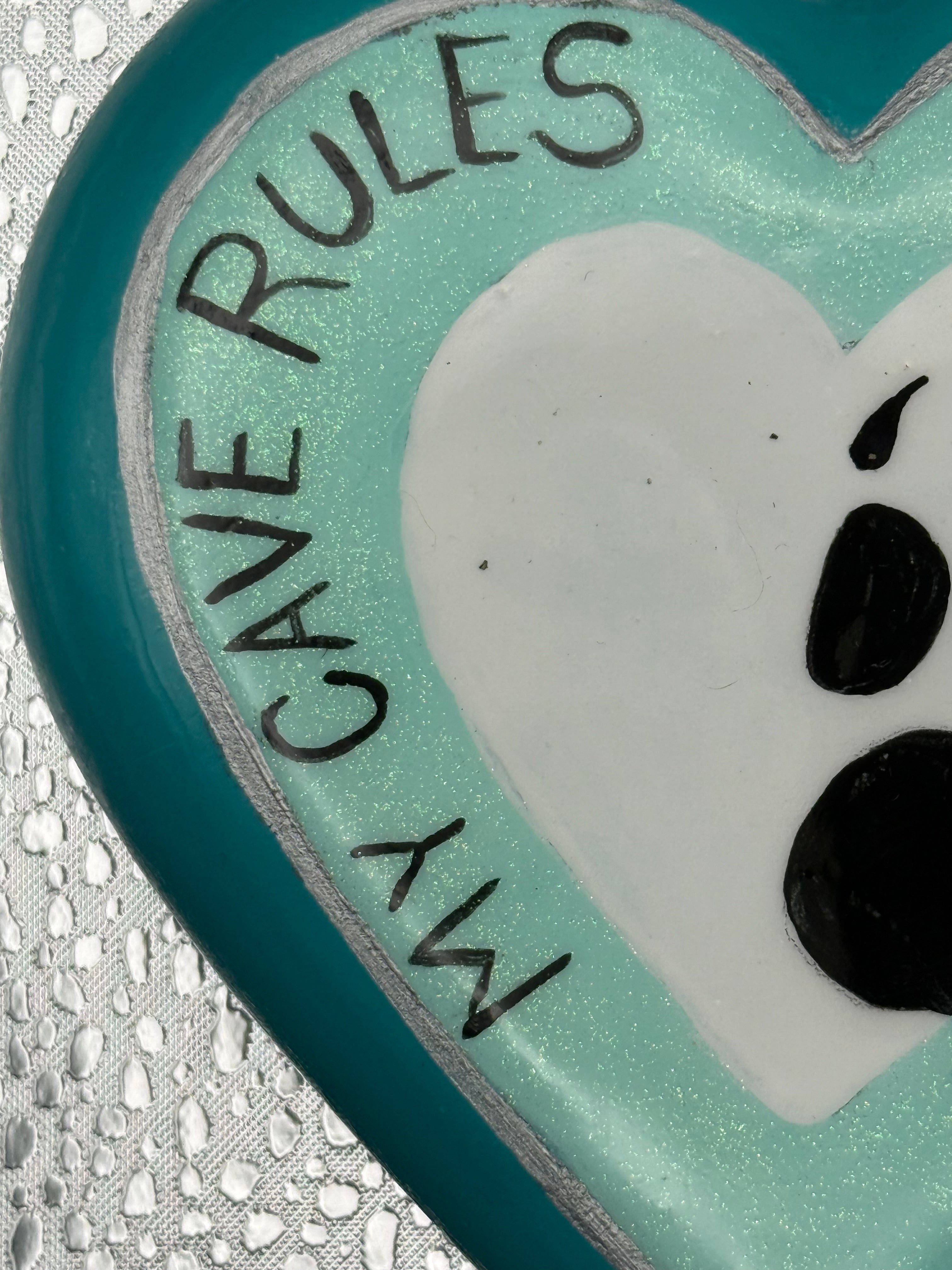 “My Cave Rules” Hand-Painted Heart Cement Stone – Pet Lover Decor