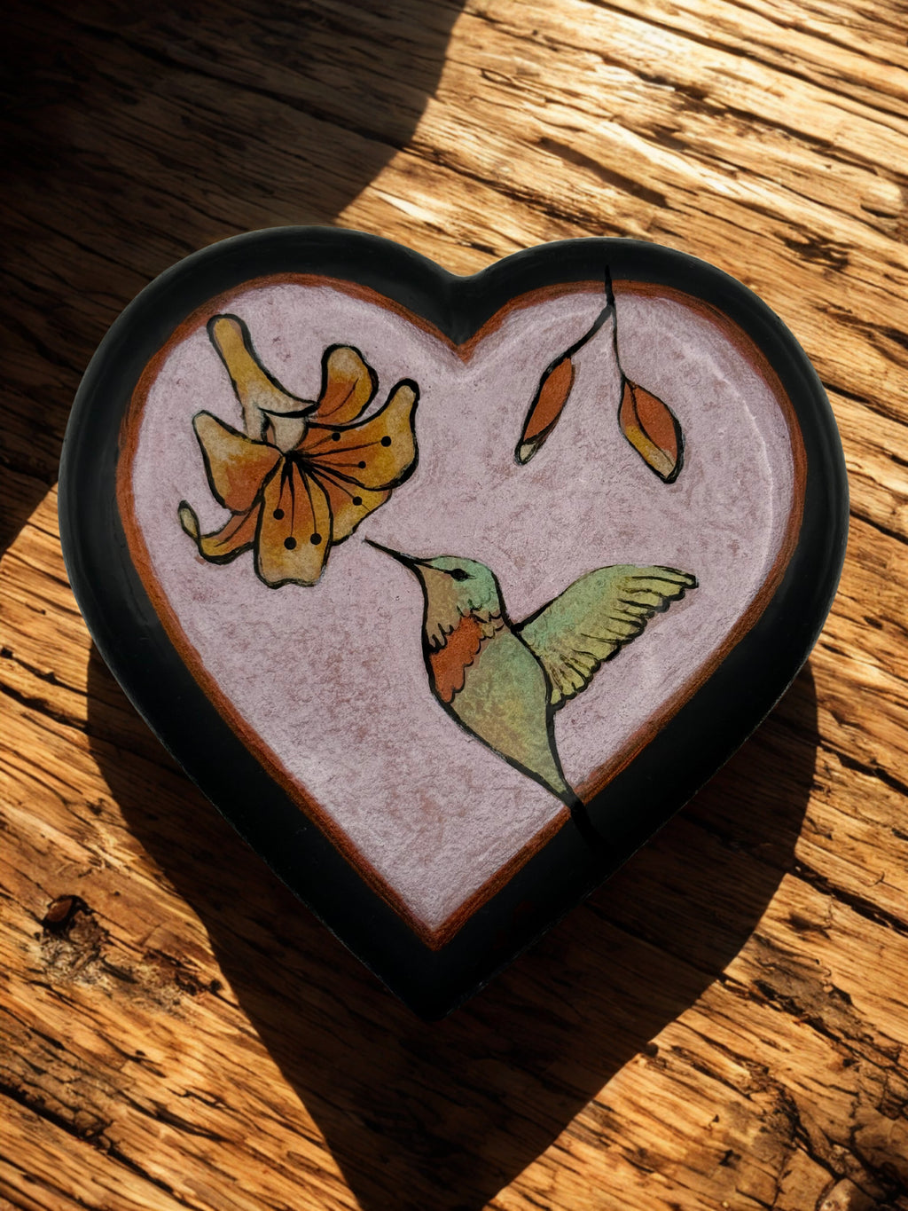 Hummingbird & Flower Cement Heart – Hand-Poured, Hand-Painted Keepsake