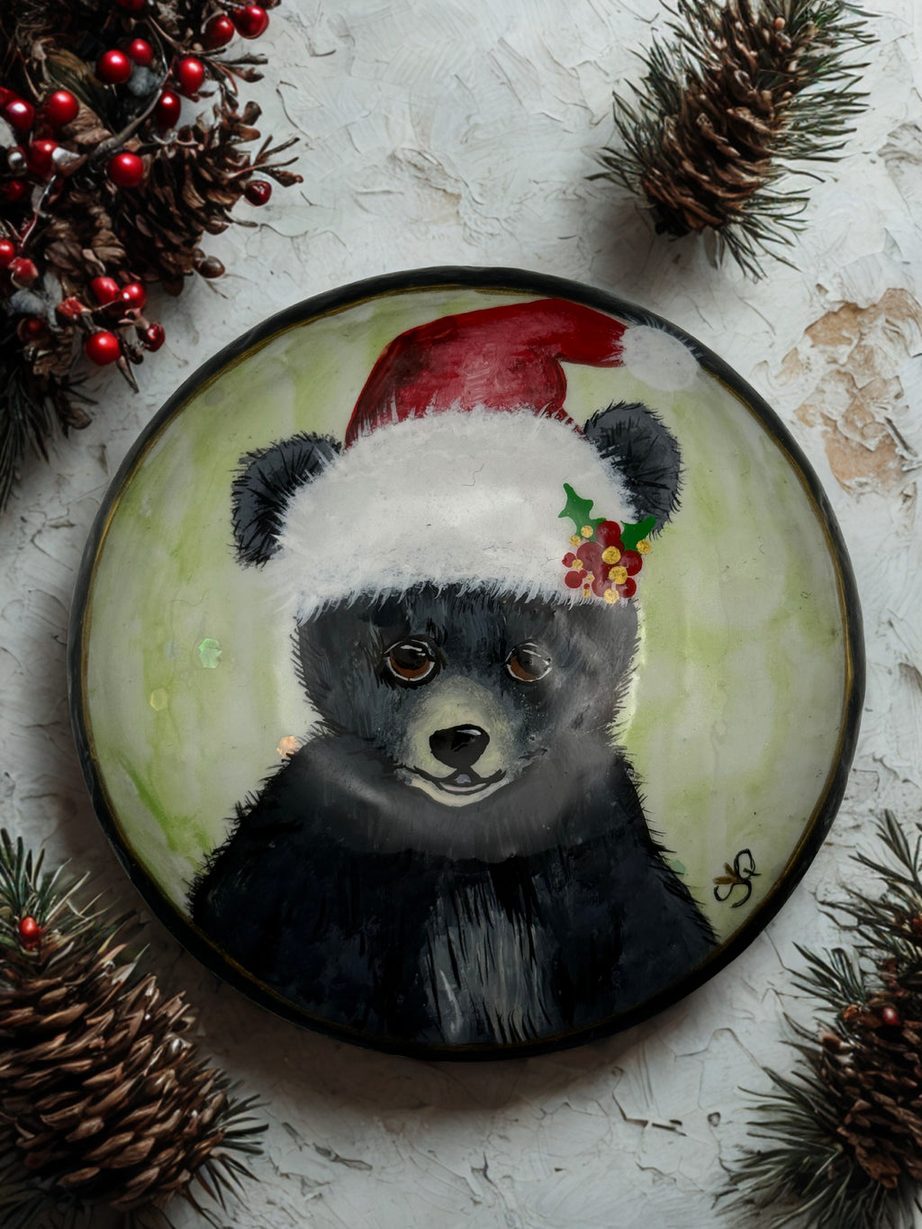 Festive Santa Bear - Hand Painted Medium Stone