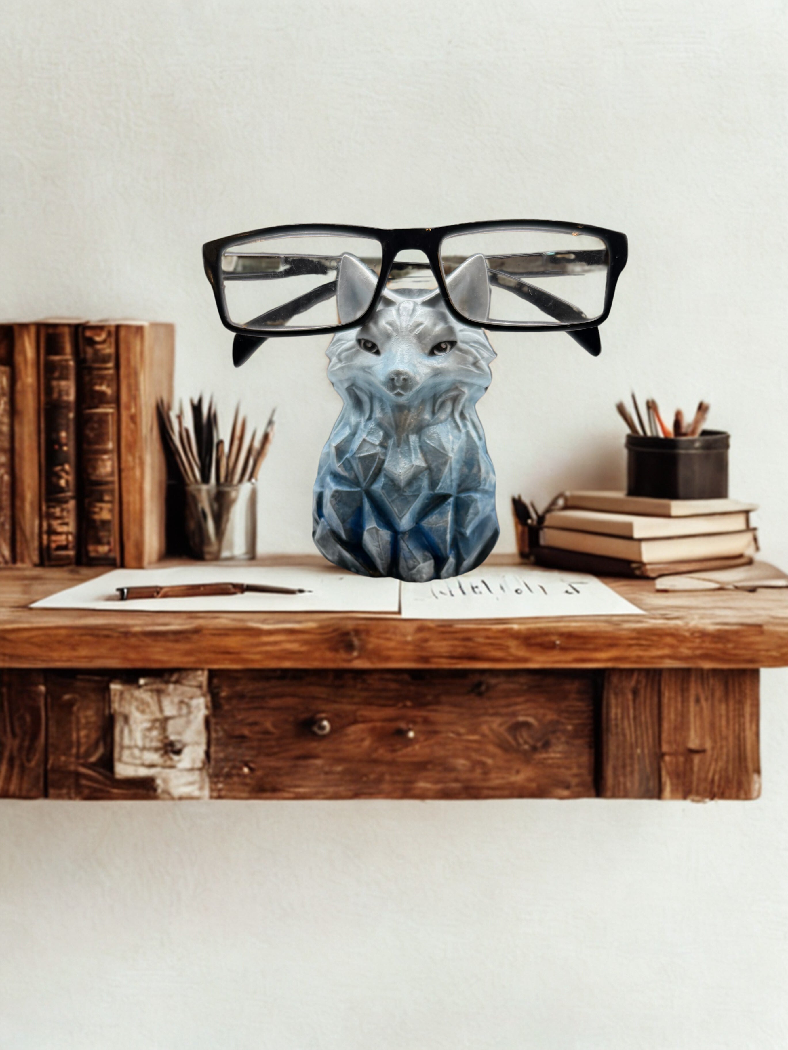 Mystical Wolf Figurine | Hand-Painted Cement Statue | Winter Blue Wolf Art | Rustic Animal Decor