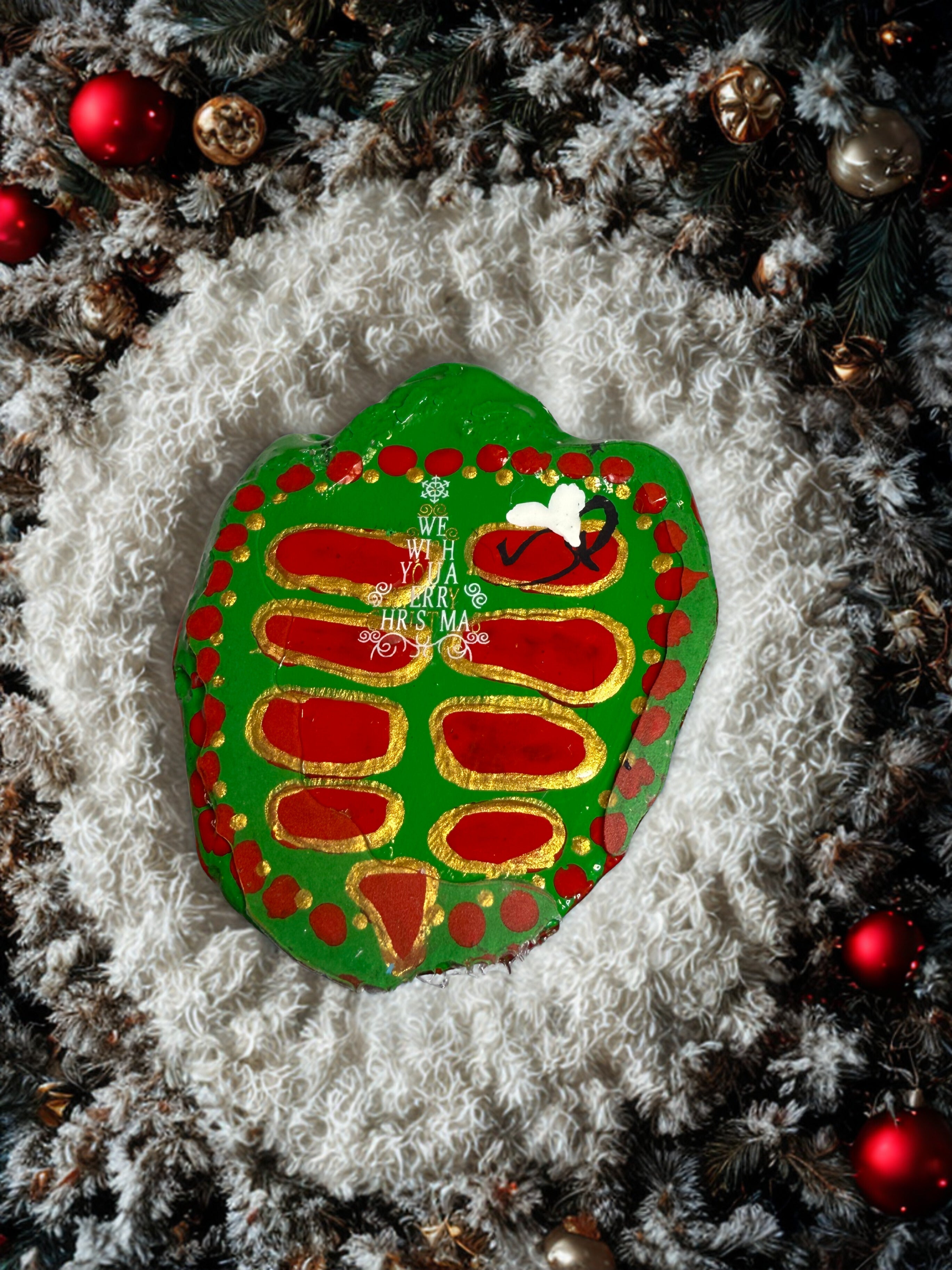 Hand Painted Turtle Rock | Christmas Holiday Home Decor | Unique Secret Santa Gift | Festive Winter Garden Art