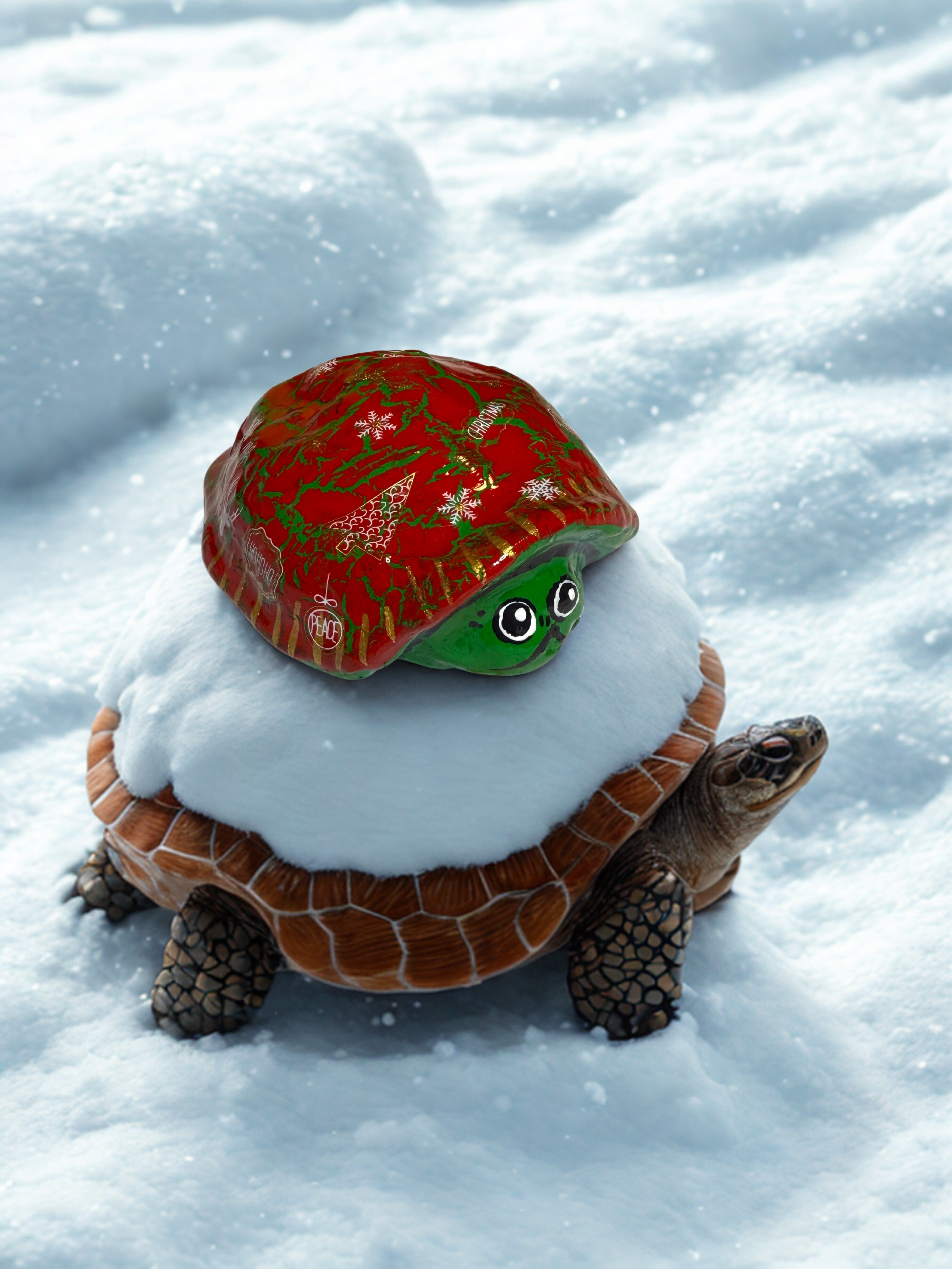Hand Painted Turtle Rock | Christmas Holiday Home Decor | Unique Secret Santa Gift | Festive Winter Garden Art