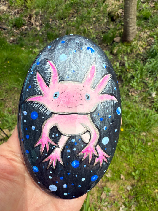 Hand-Painted Axolotl Stone – Whimsical Pink Axolotl Acrylic Painting on Natural Rock