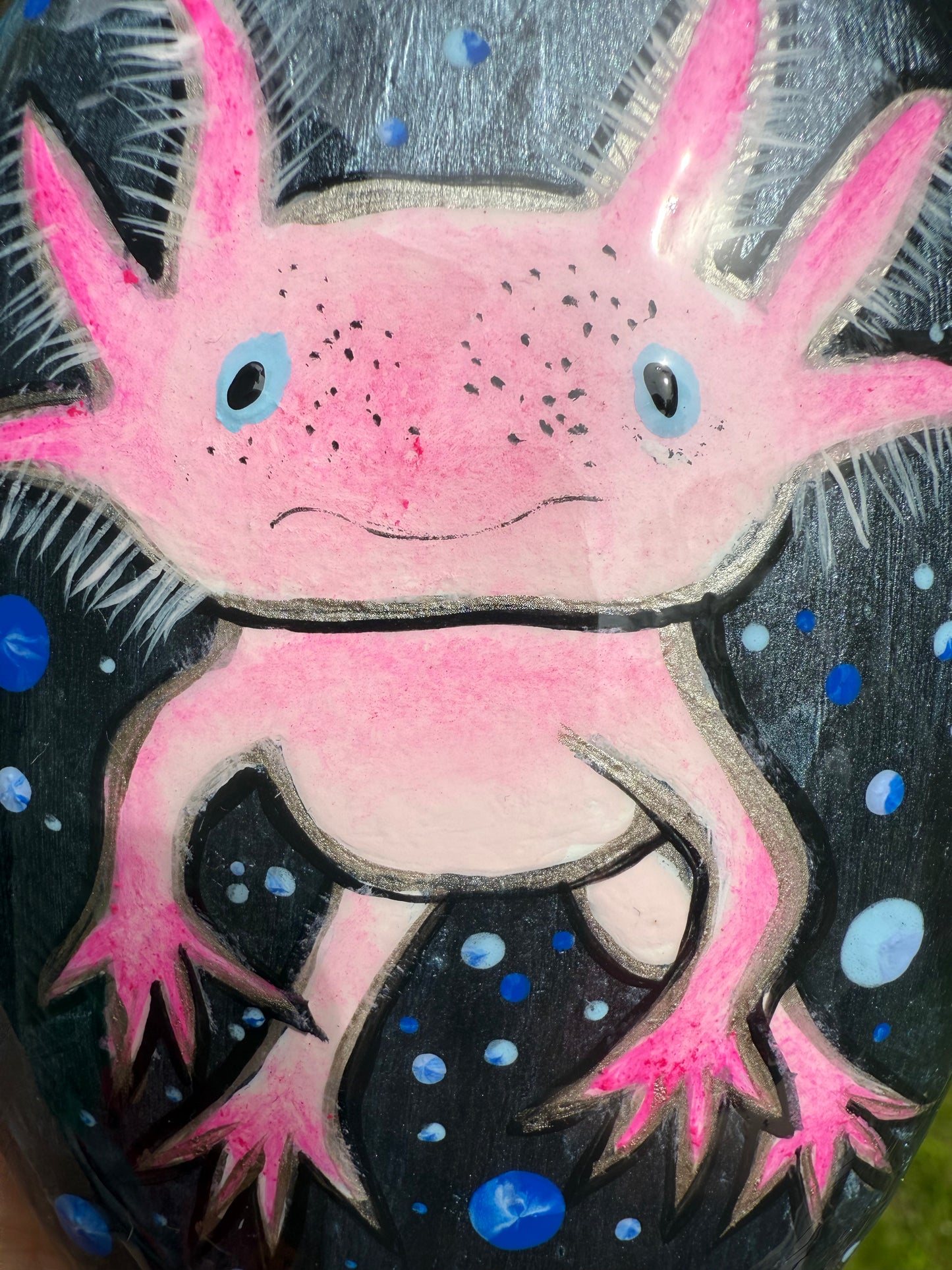 Hand-Painted Axolotl Stone – Whimsical Pink Axolotl Acrylic Painting on Natural Rock