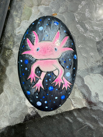 Hand-Painted Axolotl Stone – Whimsical Pink Axolotl Acrylic Painting on Natural Rock
