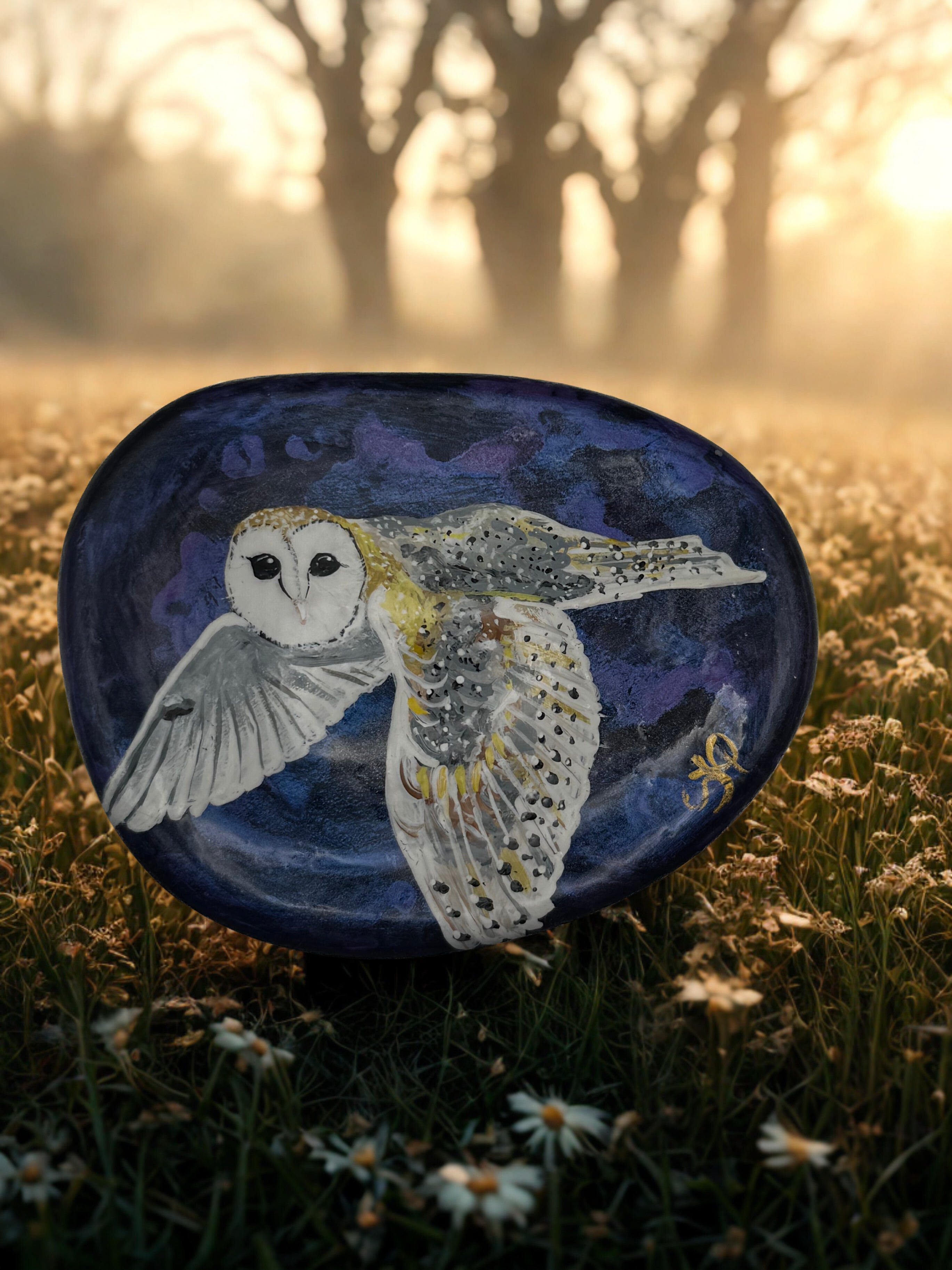 Owl Decor Stone | Handmade Barn Owl Artwork | Cement Art Sculpture | Nature Lover Gift | Resin-Sealed Collectible