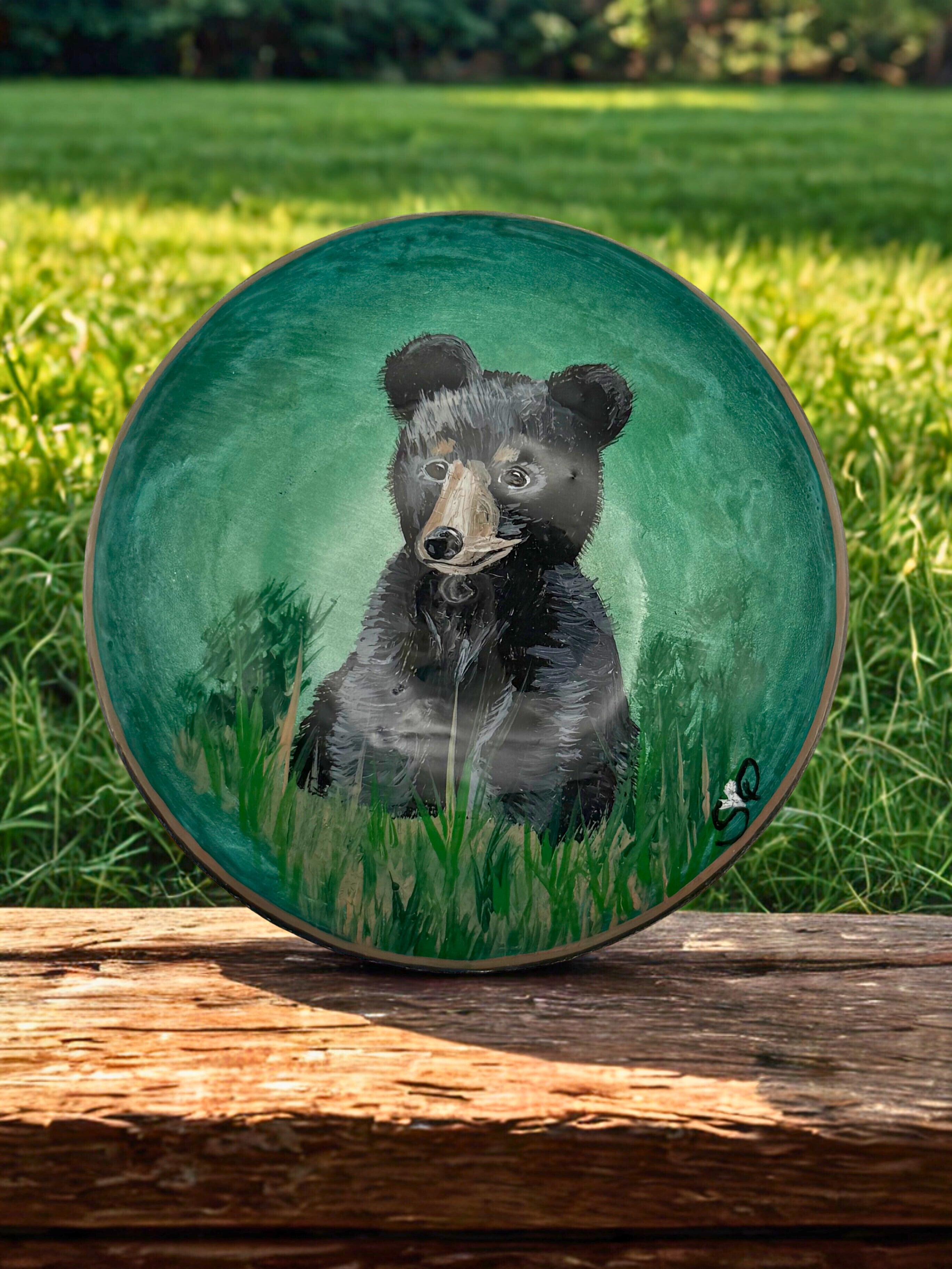 Hand-Painted Baby Bear Cement Stone – Woodland Decor | Garden Art | Rustic Home Accent