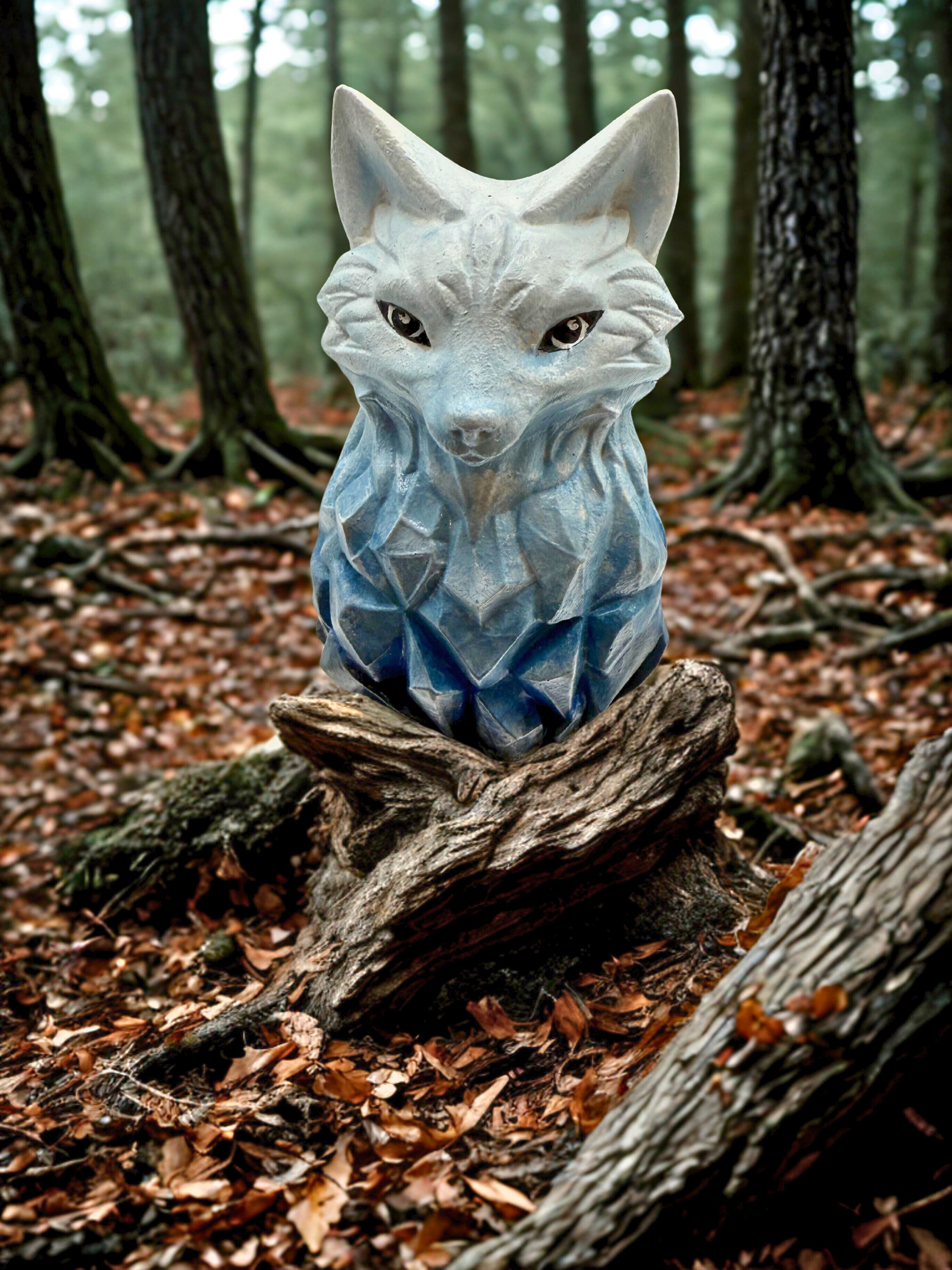 Mystical Wolf Figurine | Hand-Painted Cement Statue | Winter Blue Wolf Art | Rustic Animal Decor