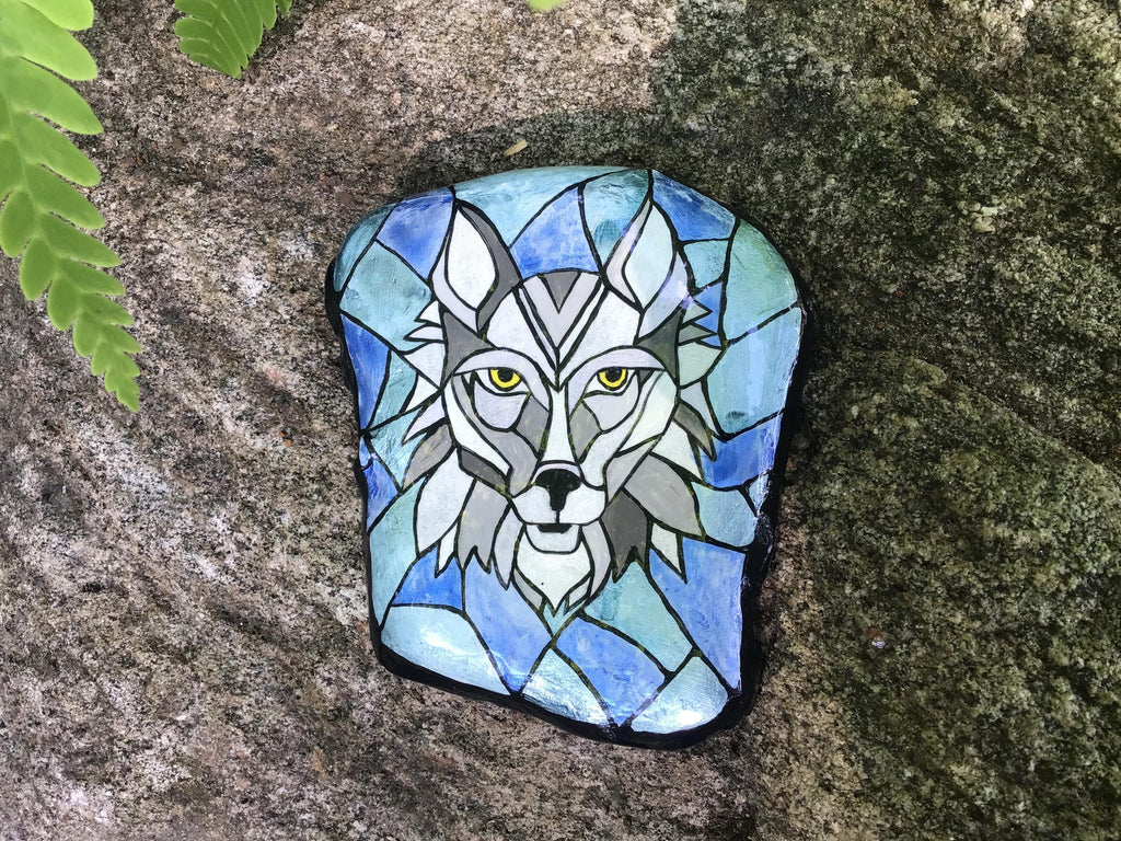 Hand Painted Wolf Mosaic Stone