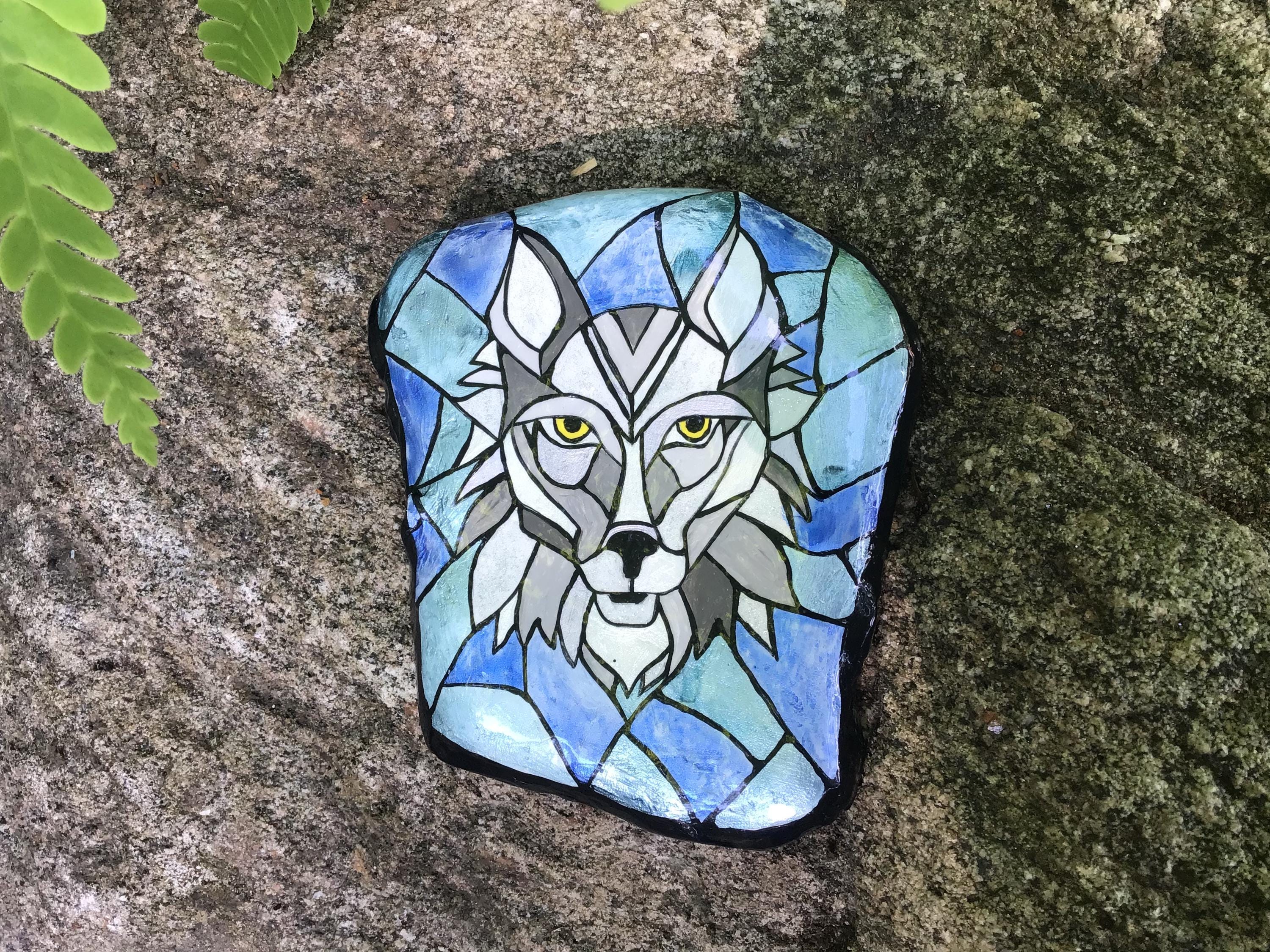 Hand Painted Wolf Mosaic Stone