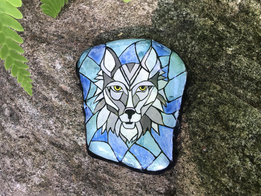 Hand Painted Wolf Mosaic Stone