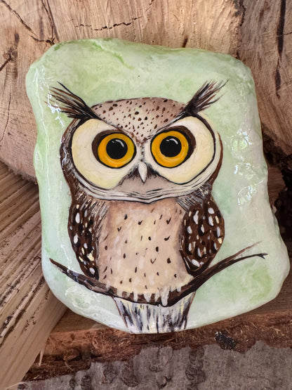 Hand-Painted Owl Stone: Garden Decor, Paperweight