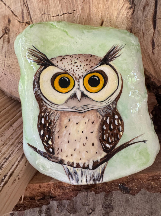 Hand-Painted Owl Stone: Garden Decor, Paperweight