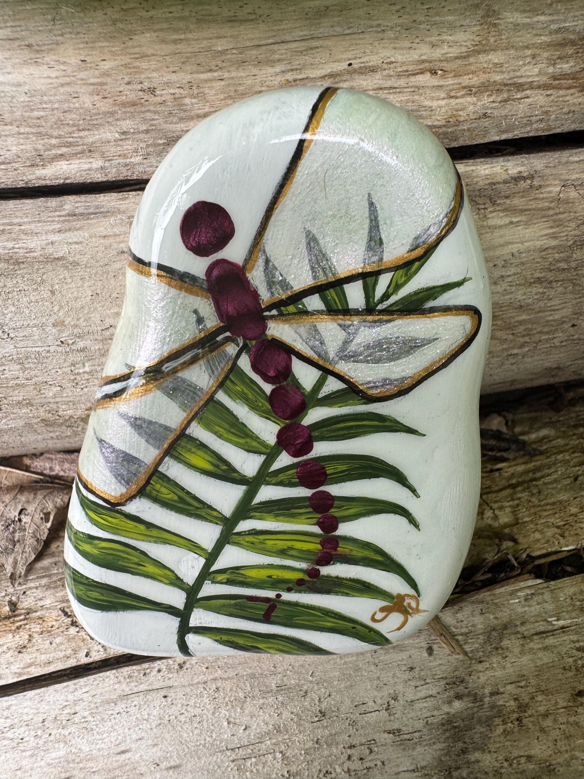 Painted Garden Stone: Metallic Pink Dragonfly on Leaf