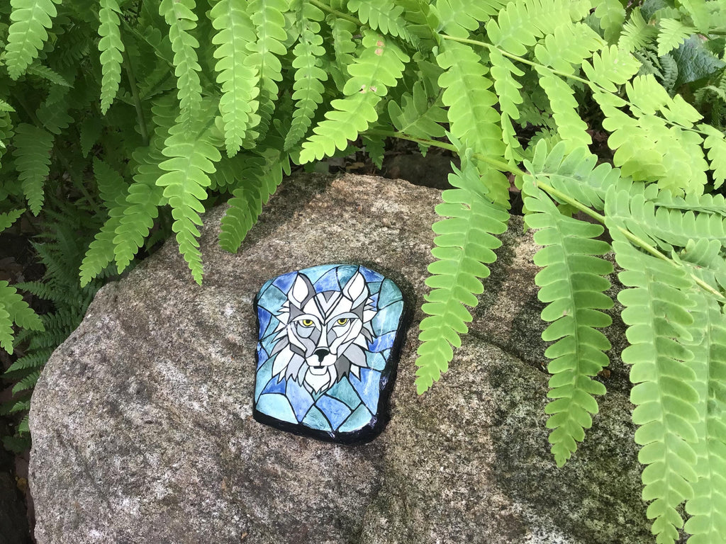 Hand Painted Wolf Mosaic Stone