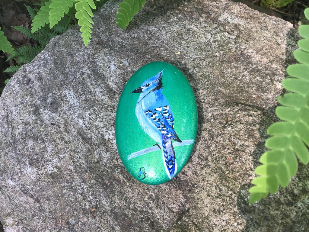 Hand Painted Blue Jay Stone