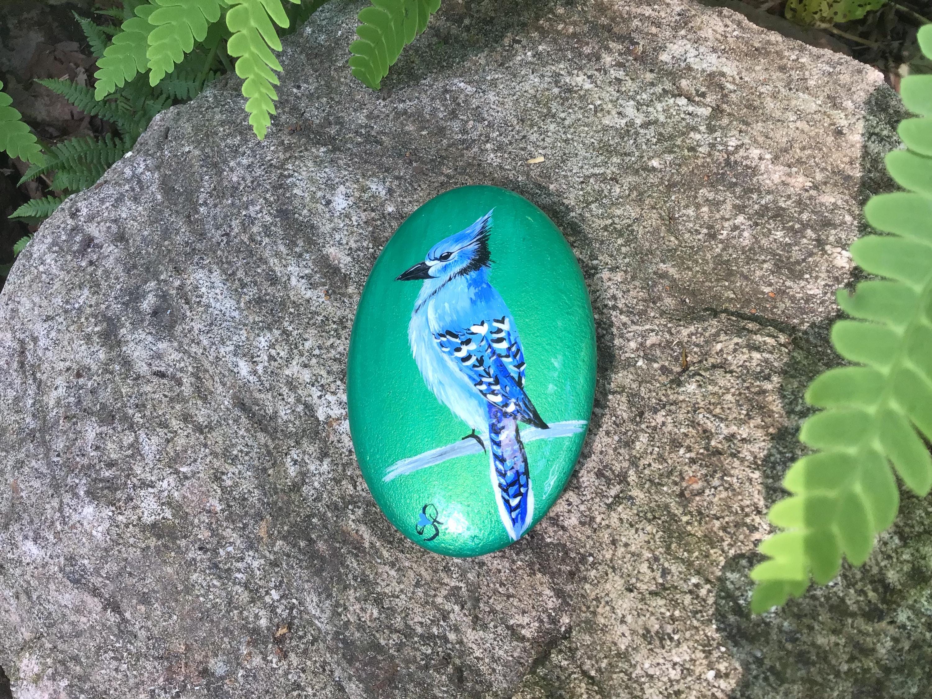 Hand Painted Blue Jay Stone