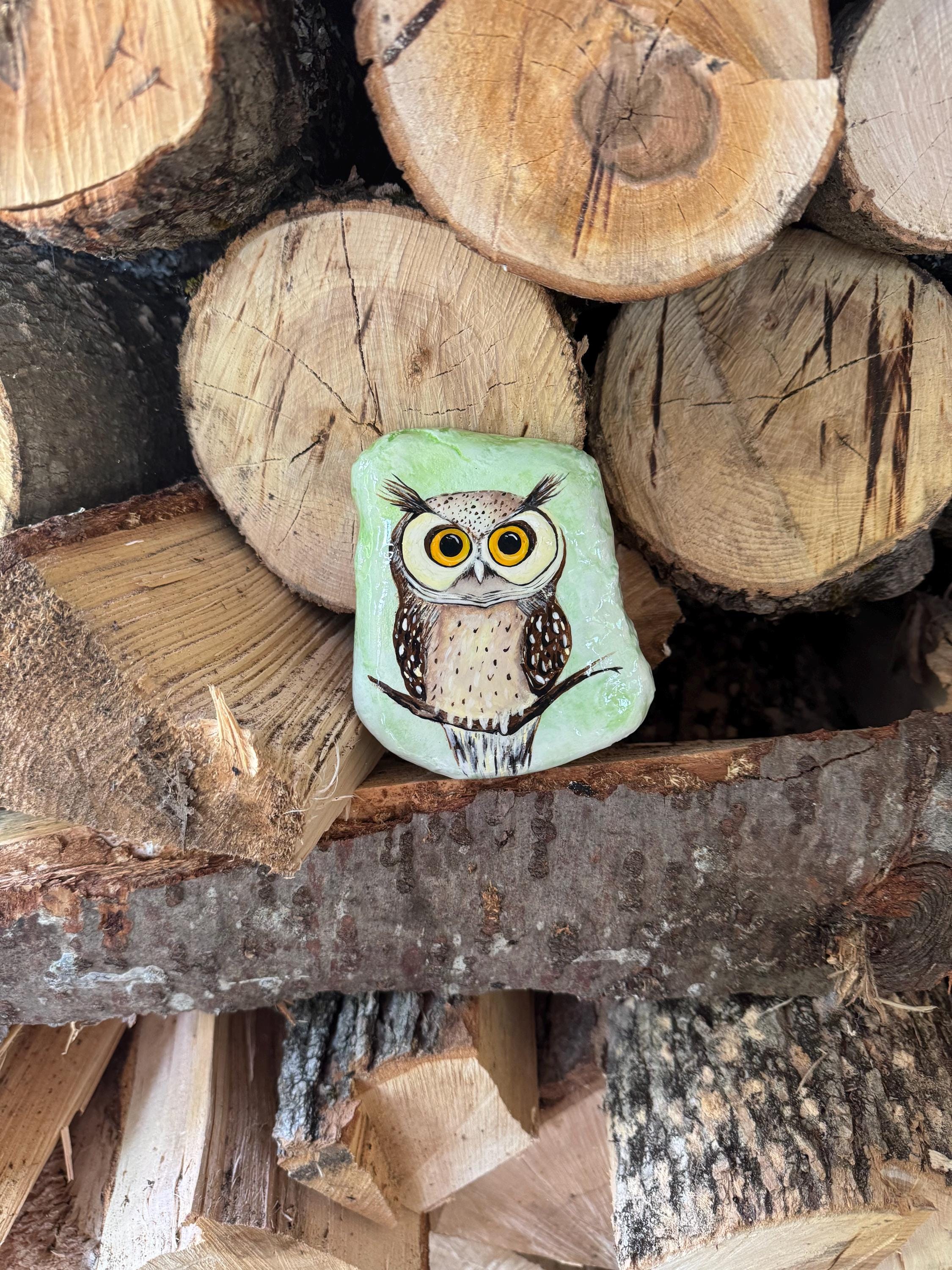 Hand-Painted Owl Stone: Garden Decor, Paperweight