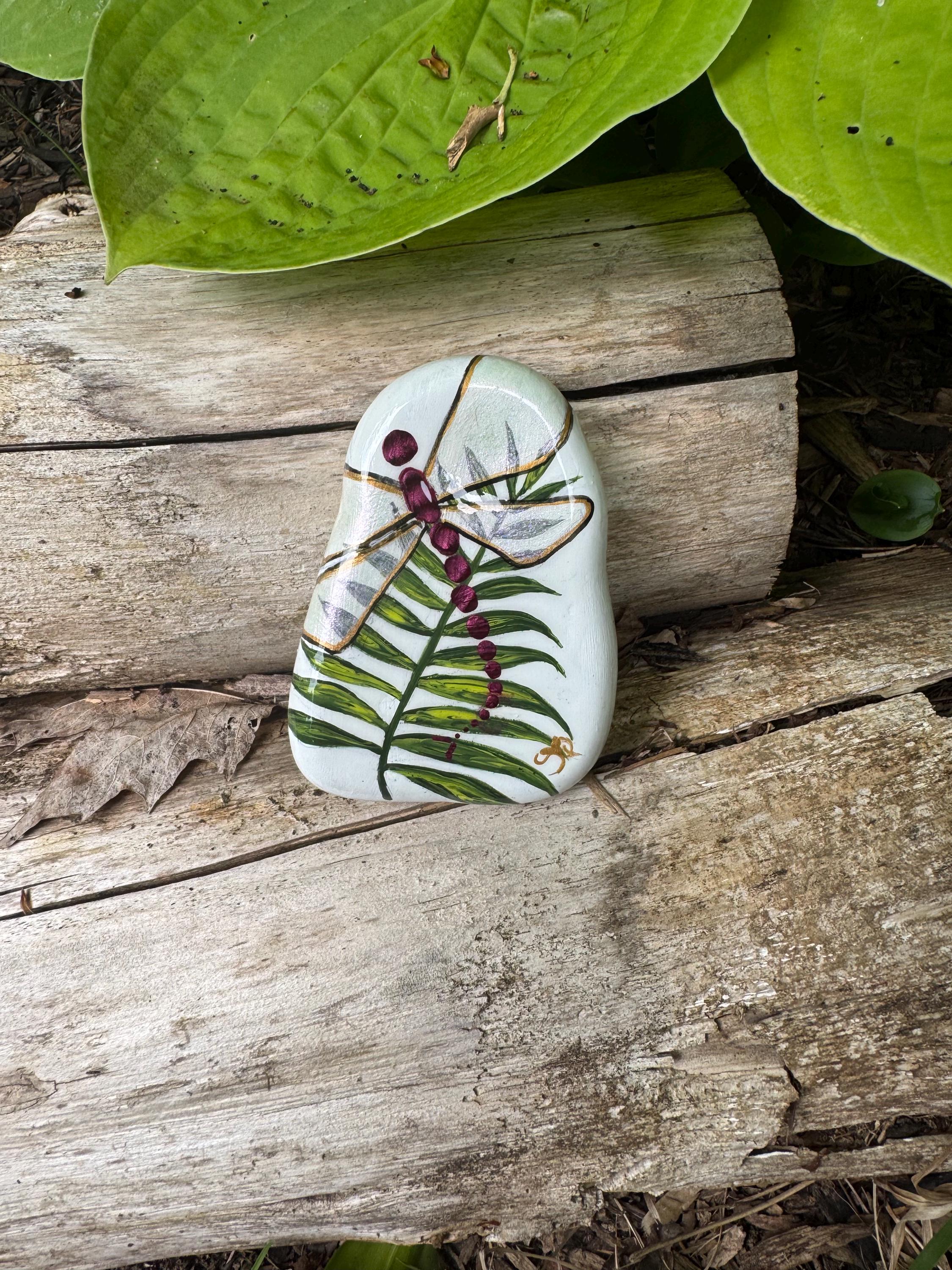 Painted Garden Stone: Metallic Pink Dragonfly on Leaf