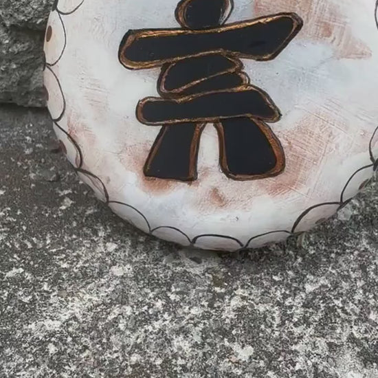 White Inukshuk Sculpture: Copper & Black Detail