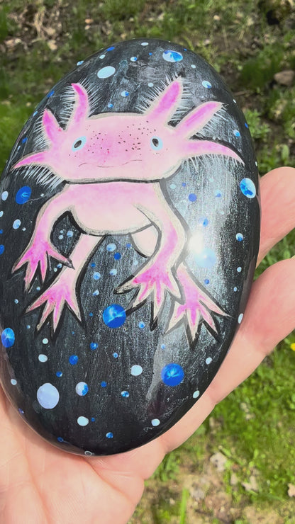 Hand-Painted Axolotl Stone – Whimsical Pink Axolotl Acrylic Painting on Natural Rock