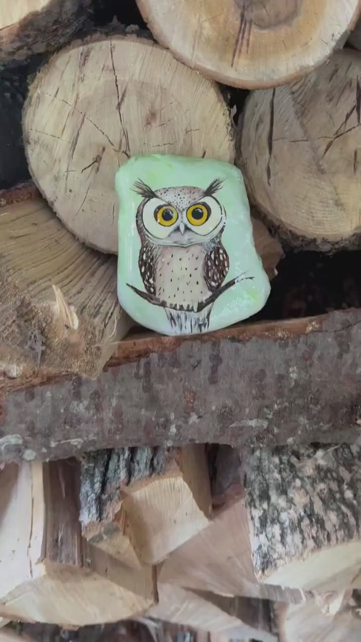 Hand-Painted Owl Stone: Garden Decor, Paperweight