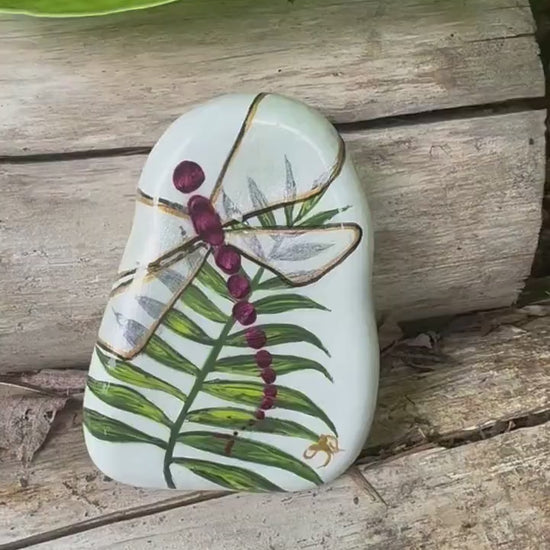 Painted Garden Stone: Metallic Pink Dragonfly on Leaf