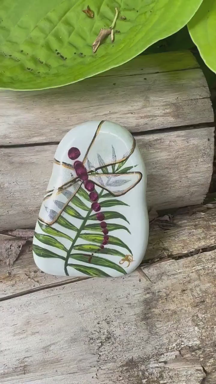 Painted Garden Stone: Metallic Pink Dragonfly on Leaf